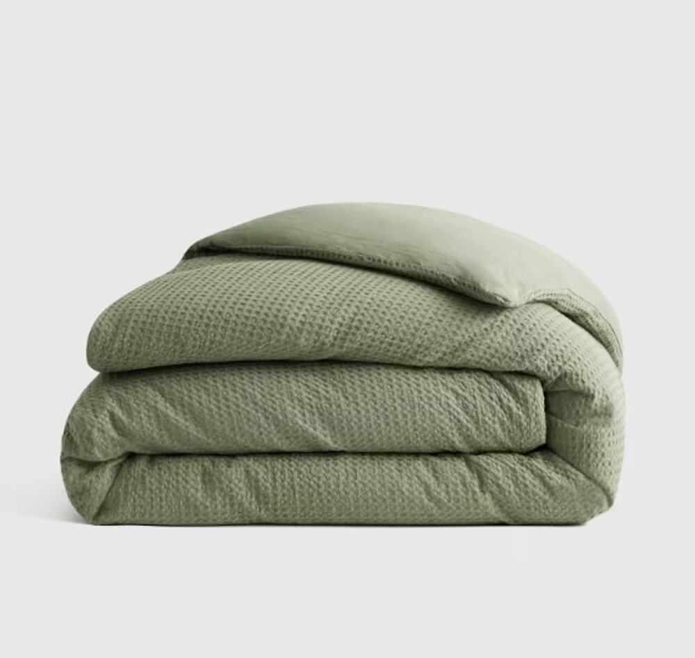 Quince KING Organic Luxe Honeycomb Duvet Cover Set + Shams Olive Green NEW